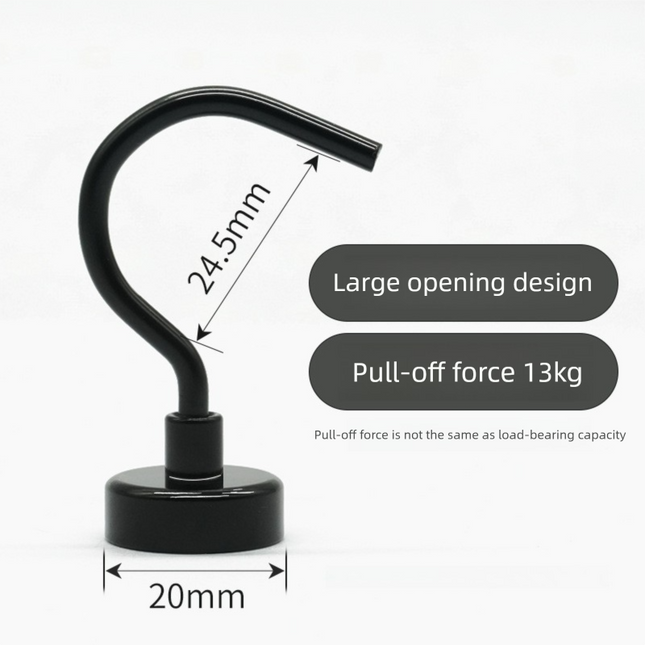 Neodymium Magnetic Hooks 20mm Base Large Open Mouth Hanger Heavy Duty Magnet for Fridge Kitchen BBQ Grill Utensils and Keys Black.