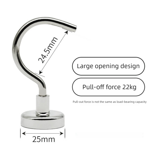 Neodymium Magnetic Hooks 25mm Base Large Open Mouth Hanger Heavy Duty Magnet for Fridge Kitchen BBQ Grill Utensils and Keys Silver.