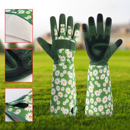 Green Long Gardening Gloves Thorn Proof Rose Pruning Gauntlets with Touchscreen Fingertips Breathable Forearm Protection Daisy Print.