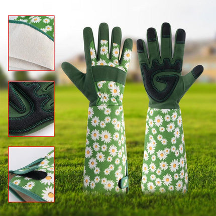 Green Long Gardening Gloves Thorn Proof Rose Pruning Gauntlets with Touchscreen Fingertips Breathable Forearm Protection Daisy Print.