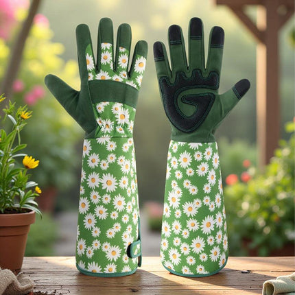 Green Long Gardening Gloves Thorn Proof Rose Pruning Gauntlets with Touchscreen Fingertips Breathable Forearm Protection Daisy Print.