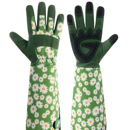 Green Long Gardening Gloves Thorn Proof Rose Pruning Gauntlets with Touchscreen Fingertips Breathable Forearm Protection Daisy Print.