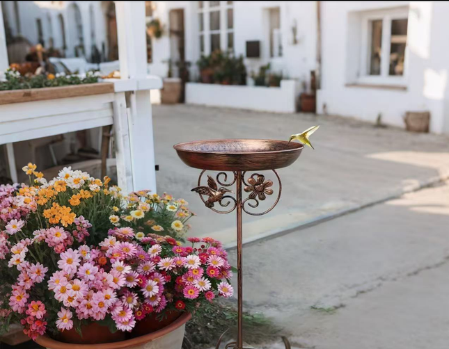 Antique Bronze Color Metal Bird Bath Stake Garden Feeder 79cm Copper Finish with Hummingbird Decor 5-Prong Base for Outdoor Lawns and Backyards.