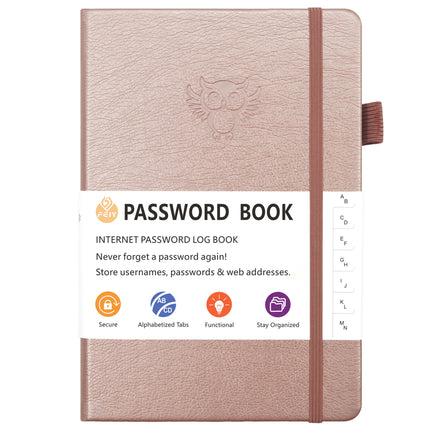Rose Gold Password Log Book with Alphabetical Tabs Internet Address Organizer Small PU Leather Notebook with Owl Design Pen Holder and Inner Pocket Ideal for Home and Office.