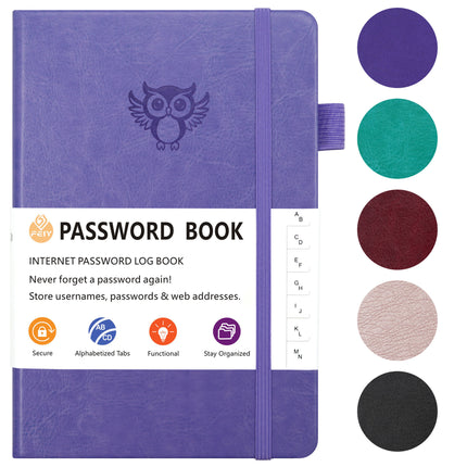 Rose Gold Password Log Book with Alphabetical Tabs Internet Address Organizer Small PU Leather Notebook with Owl Design Pen Holder and Inner Pocket Ideal for Home and Office.