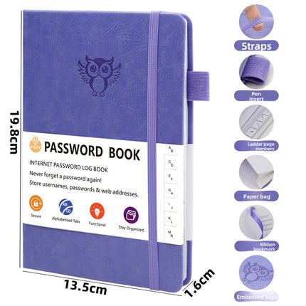 Rose Gold Password Log Book with Alphabetical Tabs Internet Address Organizer Small PU Leather Notebook with Owl Design Pen Holder and Inner Pocket Ideal for Home and Office.