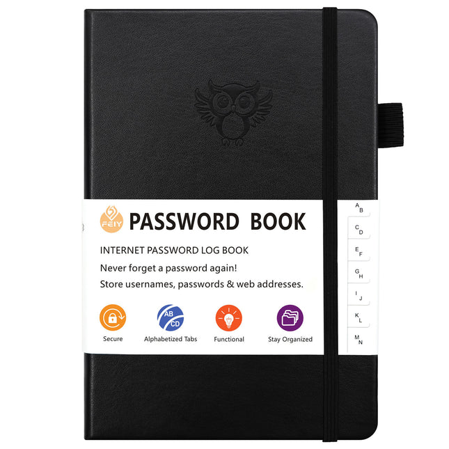 Black Password Log Book with Alphabetical Tabs Internet Address Organizer Small PU Leather Notebook with Owl Design Pen Holder and Inner Pocket Ideal for Home and Office.