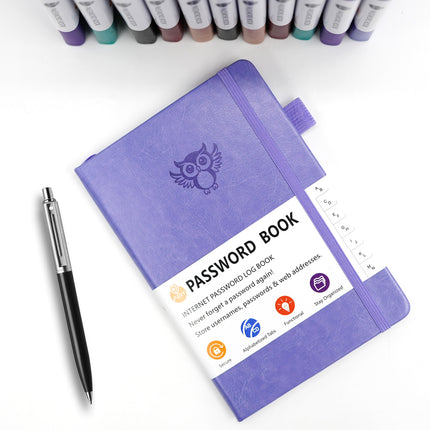 Black Password Log Book with Alphabetical Tabs Internet Address Organizer Small PU Leather Notebook with Owl Design Pen Holder and Inner Pocket Ideal for Home and Office.