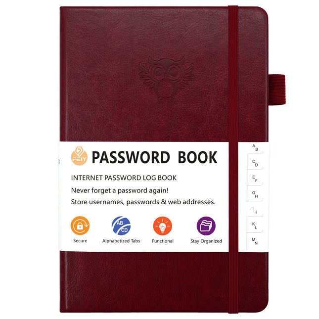 Burgundy Password Log Book with Alphabetical Tabs Internet Address Organizer Small PU Leather Notebook with Owl Design Pen Holder and Inner Pocket Ideal for Home and Office.