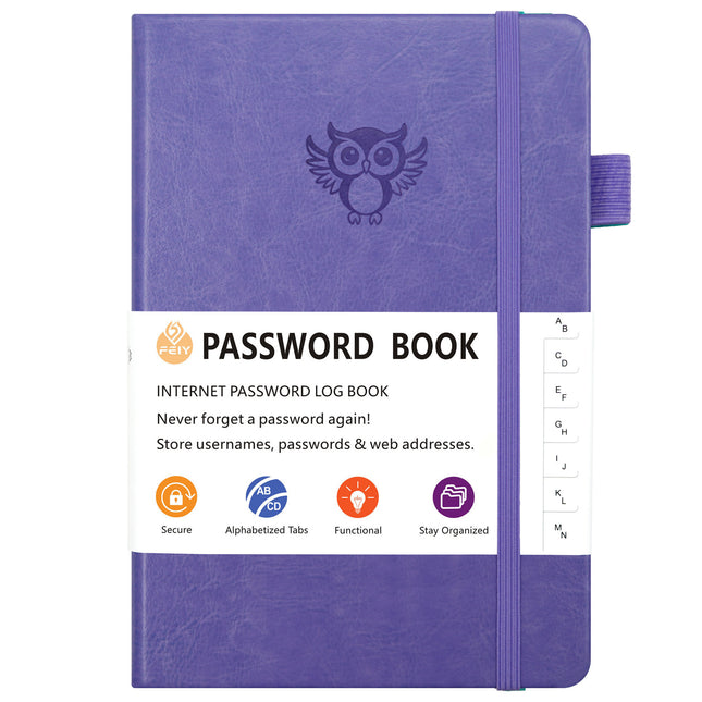Light purple Password Log Book with Alphabetical Tabs Internet Address Organizer Small PU Leather Notebook with Owl Design Pen Holder and Inner Pocket Ideal for Home and Office.