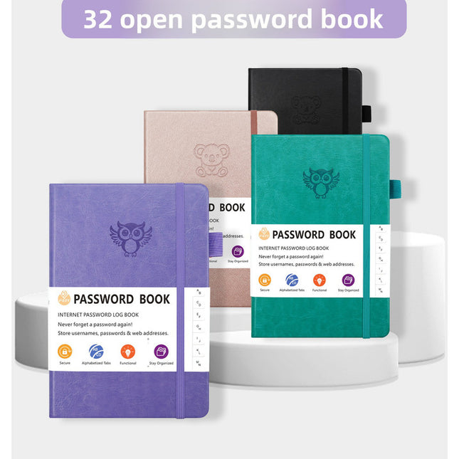 Deep purple Password Log Book with Alphabetical Tabs Internet Address Organizer Small PU Leather Notebook with Owl Design Pen Holder and Inner Pocket Ideal for Home and Office.