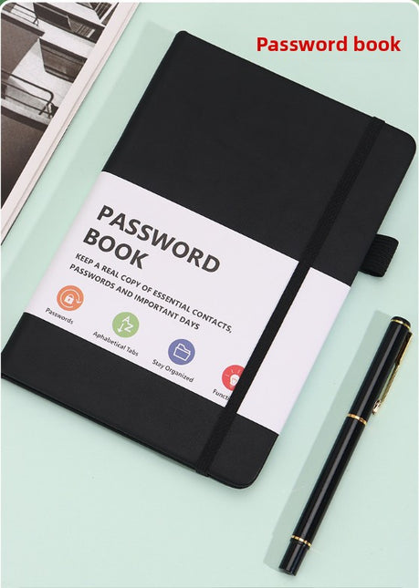 Black Password Book with Alphabetical Tabs B6 Hardcover Internet Address Logbook & Password Organizer with Pen Loop Elastic Band and Inner Pocket.