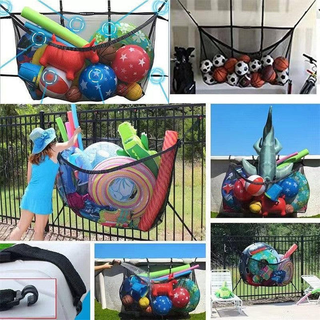 Black Large Hanging Pool Toy Storage Bag - Mesh Net Organiser for Swimming Floats, Sports Balls & Inflatables - 145cm Extra Large Capacity for Outdoor Fences & Garage.
