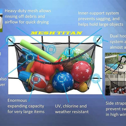Black Large Hanging Pool Toy Storage Bag - Mesh Net Organiser for Swimming Floats, Sports Balls & Inflatables - 145cm Extra Large Capacity for Outdoor Fences & Garage.
