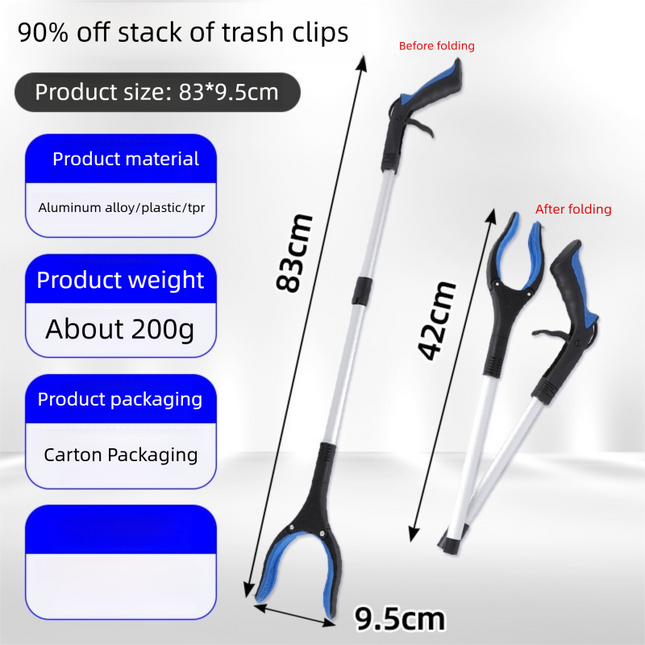 Blue and Black Handle Foldable Grabber Reacher Tool - 83cm Aluminium Litter Picker with Magnetic Tip - Lightweight Mobility Aid for Garden & Home Rubbish Cleanup.