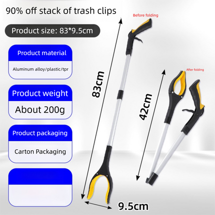Yellow and Black Handle Foldable Grabber Reacher Tool - 83cm Aluminium Litter Picker with Magnetic Tip - Lightweight Mobility Aid for Garden & Home Rubbish Cleanup.