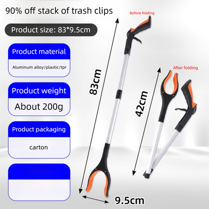 Orange and Black Handle Foldable Grabber Reacher Tool - 83cm Aluminium Litter Picker with Magnetic Tip - Lightweight Mobility Aid for Garden & Home Rubbish Cleanup.
