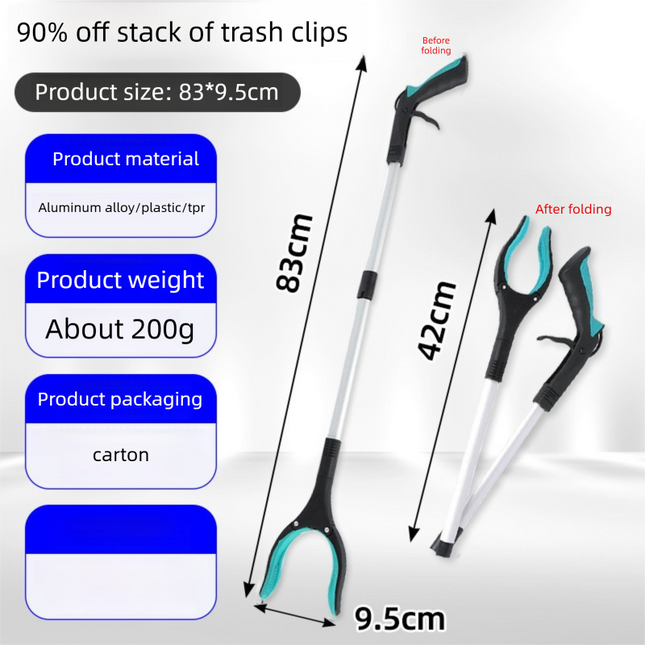 Green and Black Handle Foldable Grabber Reacher Tool - 83cm Aluminium Litter Picker with Magnetic Tip - Lightweight Mobility Aid for Garden & Home Rubbish Cleanup.
