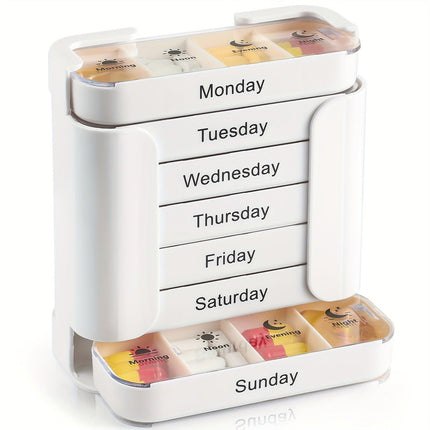 Weekly Pill Organiser White Tower - 7 Day Medicine Storage Box with 4 Daily Compartments (Morning, Noon, Evening, Night) - Portable Slide-Out Trays for Vitamins & Supplements.