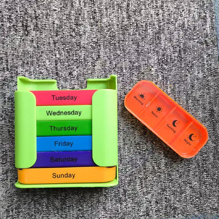 7 Day Weekly Pill Organiser Box - Rainbow Colour Coded Medicine Storage with 4 Daily Compartments - Portable Green Casing Dispenser for Home & Travel.