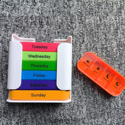 7 Day Weekly Pill Organiser Box - Rainbow Colour Coded Medicine Storage with 4 Daily Compartments - Portable White Casing Dispenser for Home & Travel.