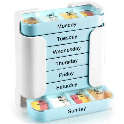 7 Day Weekly Pill Organiser Tower - White & Blue Medicine Storage Box with 4 Daily Compartments - Portable Slide-Out Trays for Vitamins & Supplements.