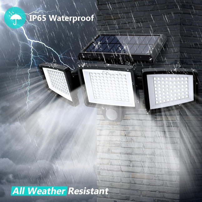 Solar Outdoor Security Lights Motion Sensor 210 LED - 3 Adjustable Heads Flood Light with Remote Control IP65 Waterproof for Garden Garage & Yard.