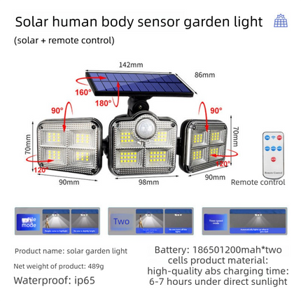 Solar Security Lights Outdoor Motion Sensor 122 LED - 3 Adjustable Heads Flood Light with Remote IP65 Waterproof for Garden & Garage.
