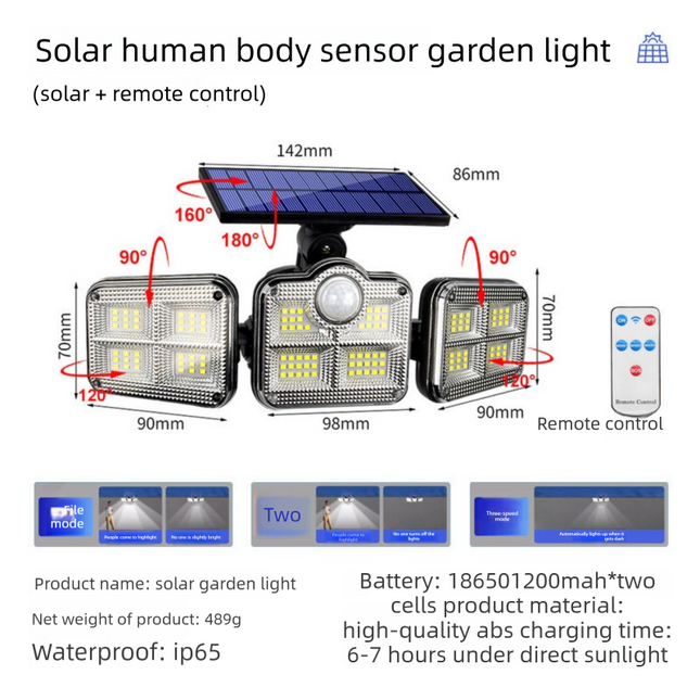 Solar Security Lights Outdoor Motion Sensor 122 LED - 3 Adjustable Heads Flood Light with Remote IP65 Waterproof for Garden & Garage.