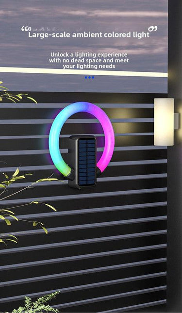Solar Outdoor Wall Light RGB Color Changing & Warm White - Modern Circular LED Fence Lamp with Type-C USB Charging & Waterproof for Garden & Patio.