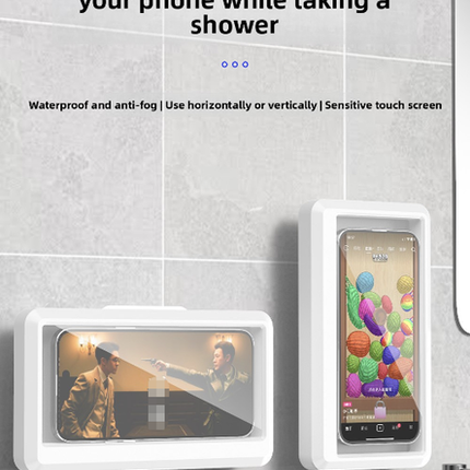 Waterproof Shower Phone Holder White Wall Mount - 360° Rotating Retractable Anti-Fog Touch Screen Case for Bathroom & Kitchen - Fits Phones up to 6.8 Inch.