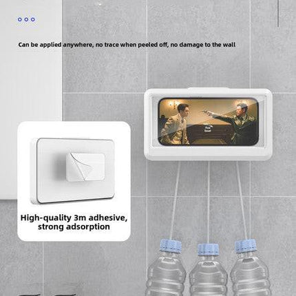 Waterproof Shower Phone Holder White Wall Mount - 360° Rotating Retractable Anti-Fog Touch Screen Case for Bathroom & Kitchen - Fits Phones up to 6.8 Inch.