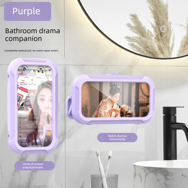 Waterproof Shower Phone Holder Purple Wall Mount - 360° Rotating Retractable Anti-Fog Touch Screen Case for Bathroom & Kitchen - Fits Phones up to 6.8 Inch.