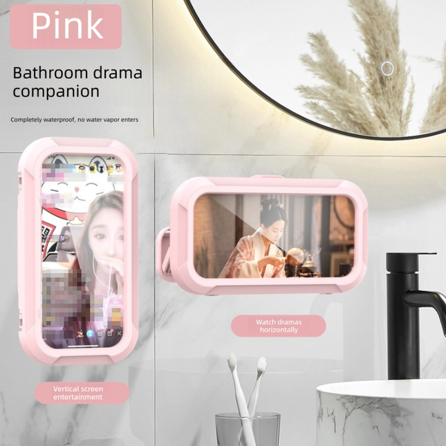 Waterproof Shower Phone Holder Pink Wall Mount - 360° Rotating Retractable Anti-Fog Touch Screen Case for Bathroom & Kitchen - Fits Phones up to 6.8 Inch.