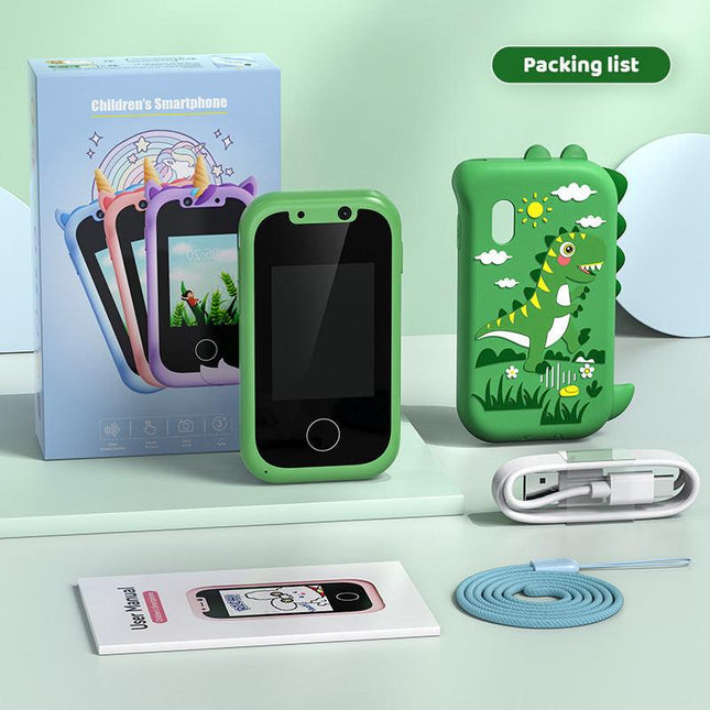 Kids Smart Phone Toy with Dual Camera and IPS Touch Screen Green Dinosaur Silicone Case Educational Games MP3 Music Player 512MB Card Included Ideal Gift for Boys.