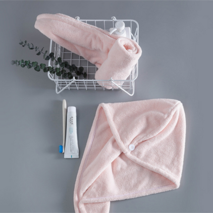 Soft Microfibre Hair Drying Towel Wrap - Super Absorbent Coral Fleece Turban with Secure Button - Quick Dry Bath Head Cap for Wet Hair & Spa - Pale Pink.