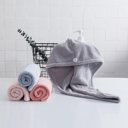 Soft Microfibre Hair Drying Towel Wrap - Super Absorbent Coral Fleece Turban with Secure Button - Quick Dry Bath Head Cap for Wet Hair & Spa - Pale Pink.