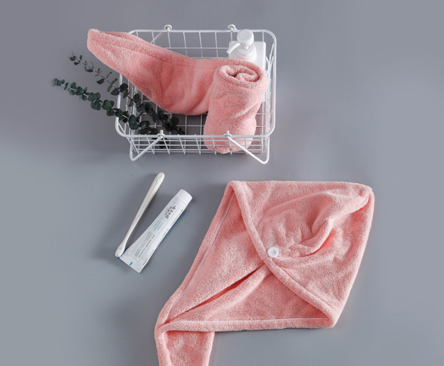 Soft Microfibre Hair Drying Towel Wrap - Super Absorbent Coral Fleece Turban with Secure Button - Quick Dry Bath Head Cap for Wet Hair & Spa - Crimson.