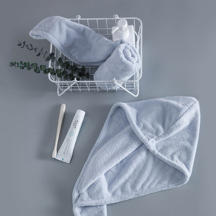 Soft Microfibre Hair Drying Towel Wrap - Super Absorbent Coral Fleece Turban with Secure Button - Quick Dry Bath Head Cap for Wet Hair & Spa - Light blue.