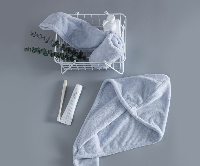 Soft Microfibre Hair Drying Towel Wrap - Super Absorbent Coral Fleece Turban with Secure Button - Quick Dry Bath Head Cap for Wet Hair & Spa - Light blue.