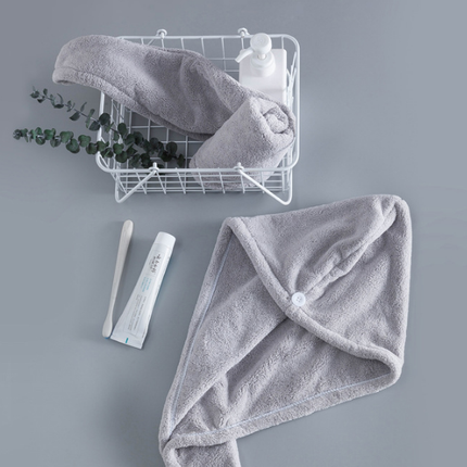 Soft Microfibre Hair Drying Towel Wrap - Super Absorbent Coral Fleece Turban with Secure Button - Quick Dry Bath Head Cap for Wet Hair & Spa - Light gray.