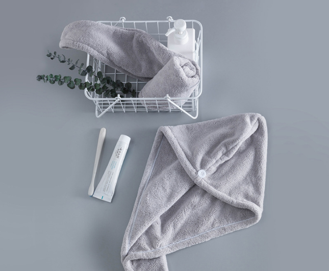 Soft Microfibre Hair Drying Towel Wrap - Super Absorbent Coral Fleece Turban with Secure Button - Quick Dry Bath Head Cap for Wet Hair & Spa - Light gray.
