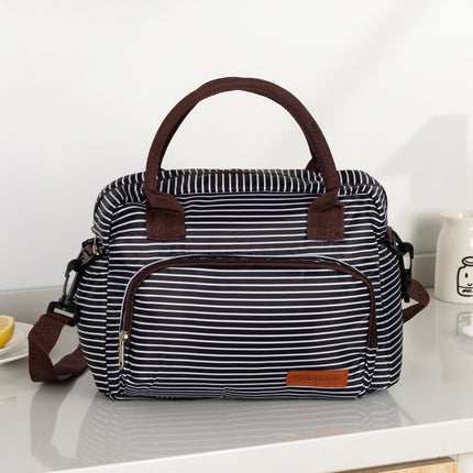 Large Insulated Lunch Bag with Shoulder Strap - Black and White Stripe Thermal Cooler Tote for Work, School or Beach Picnics - Waterproof 600D Oxford Fabric.
