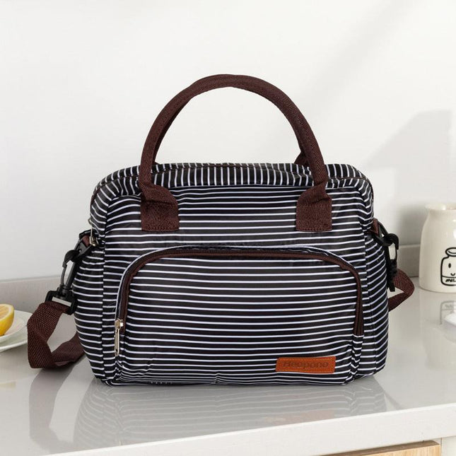 Large Insulated Lunch Bag with Shoulder Strap - Black and White Stripe Thermal Cooler Tote for Work, School or Beach Picnics - Waterproof 600D Oxford Fabric.