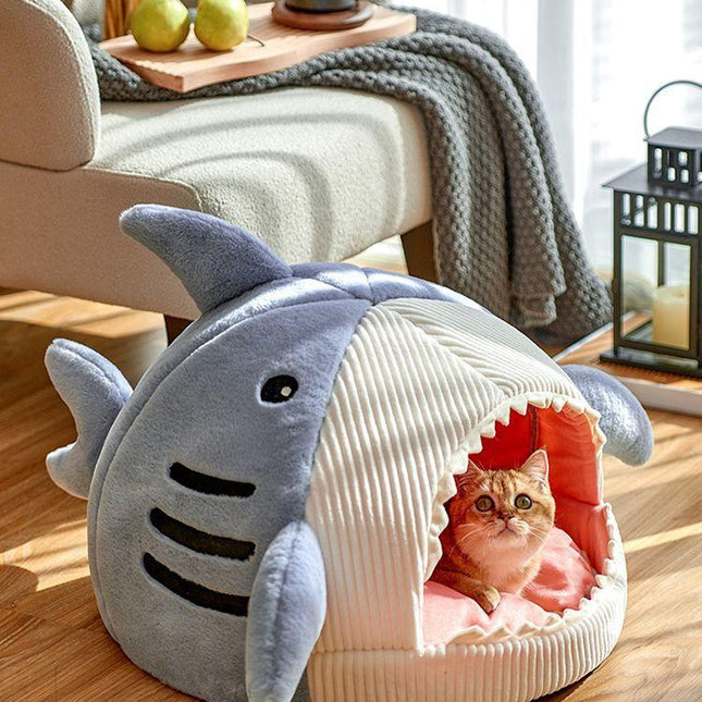 Novelty Shark Pet Cave Bed Enclosed Cozy Sleeping Nest for Cats and Small Dogs Soft Flannel Year Round Comfort Light Blue M Size.