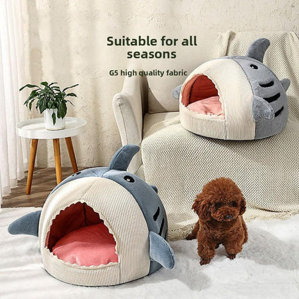 Novelty Shark Pet Cave Bed Enclosed Cozy Sleeping Nest for Cats and Small Dogs Soft Flannel Year Round Comfort Light Blue M Size.