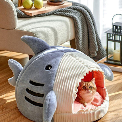 Novelty Shark Pet Cave Bed Enclosed Cozy Sleeping Nest for Cats and Small Dogs Soft Flannel Year Round Comfort Light Blue L Size.