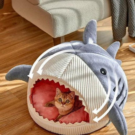 Novelty Shark Pet Cave Bed Enclosed Cozy Sleeping Nest for Cats and Small Dogs Soft Flannel Year Round Comfort Light Blue L Size.