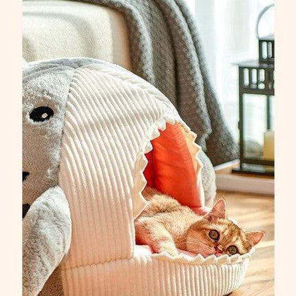 Novelty Shark Pet Cave Bed Enclosed Cozy Sleeping Nest for Cats and Small Dogs Soft Flannel Year Round Comfort Light Blue L Size.