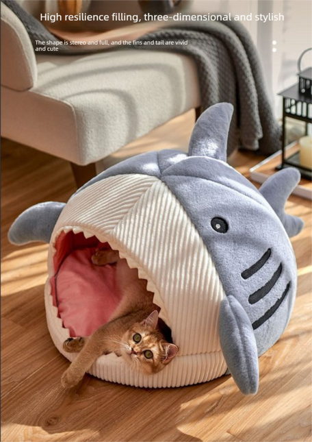 Novelty Shark Pet Cave Bed Enclosed Cozy Sleeping Nest for Cats and Small Dogs Soft Flannel Year Round Comfort Light Gray L Size.